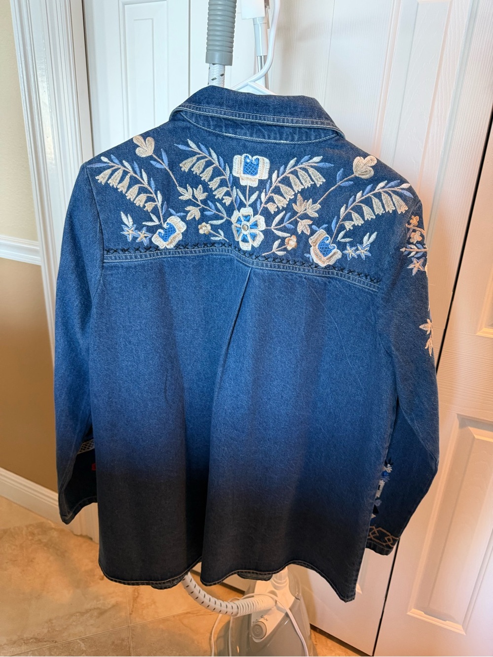 Johnny Was Dark Blue Embroidered Denim Jacket with Red Accents - Picture 2 of 2